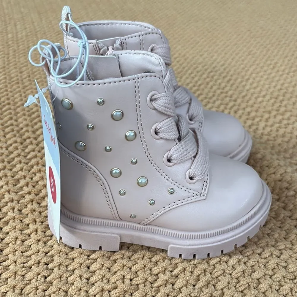 NWT Cat & Jack Light Pink Combat Boots with Pearl Studs Size 5T&7T